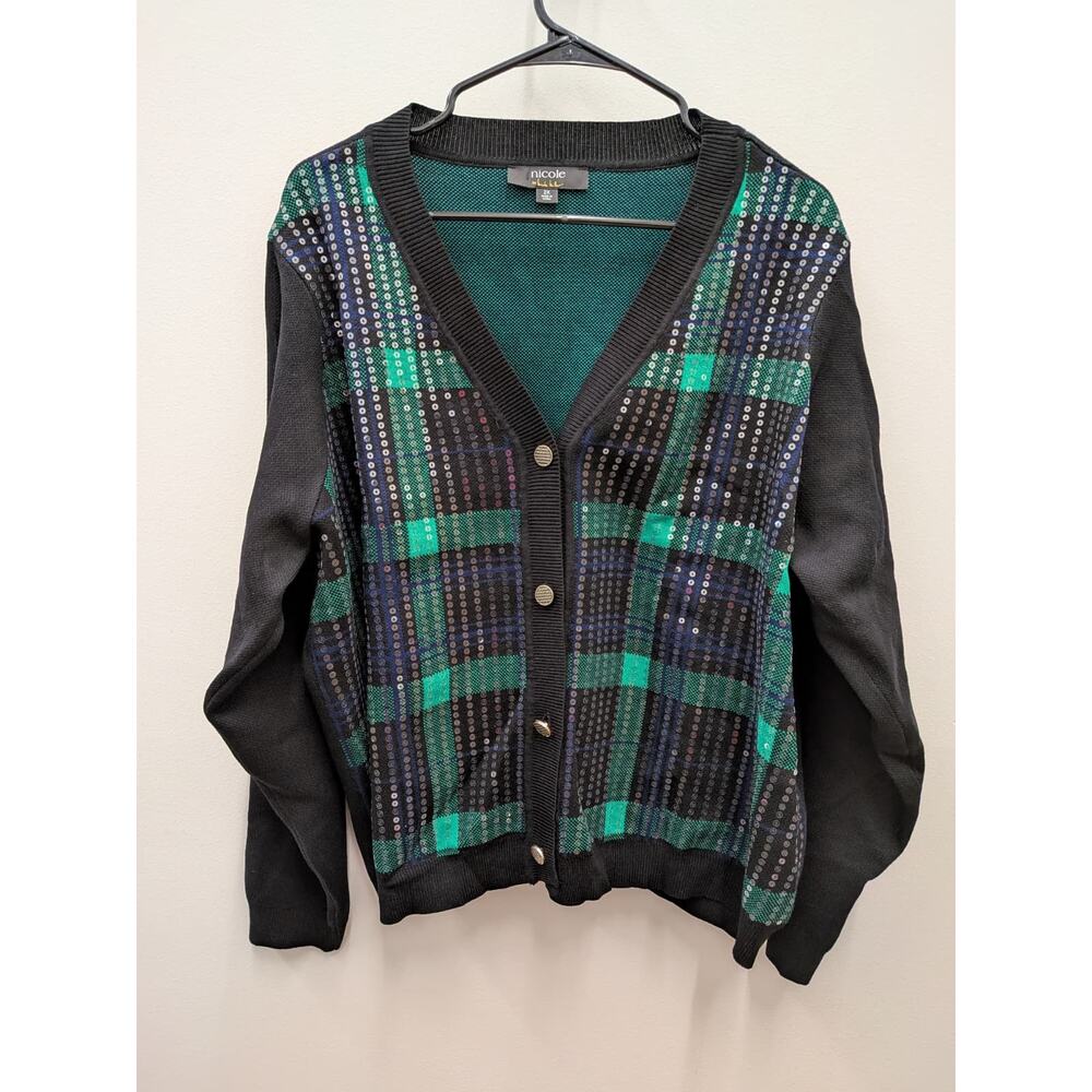 Nicole Miller Women’s 2X Plaid Sequin Cardigan Black Green Button Front